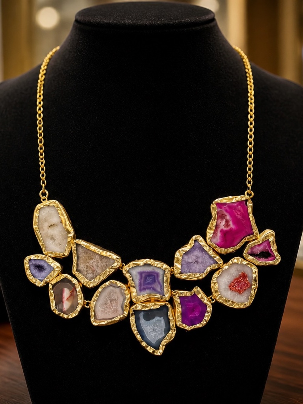 Multi-Color Druzy Agate Bib Statement Necklace Gold Tone - NWT